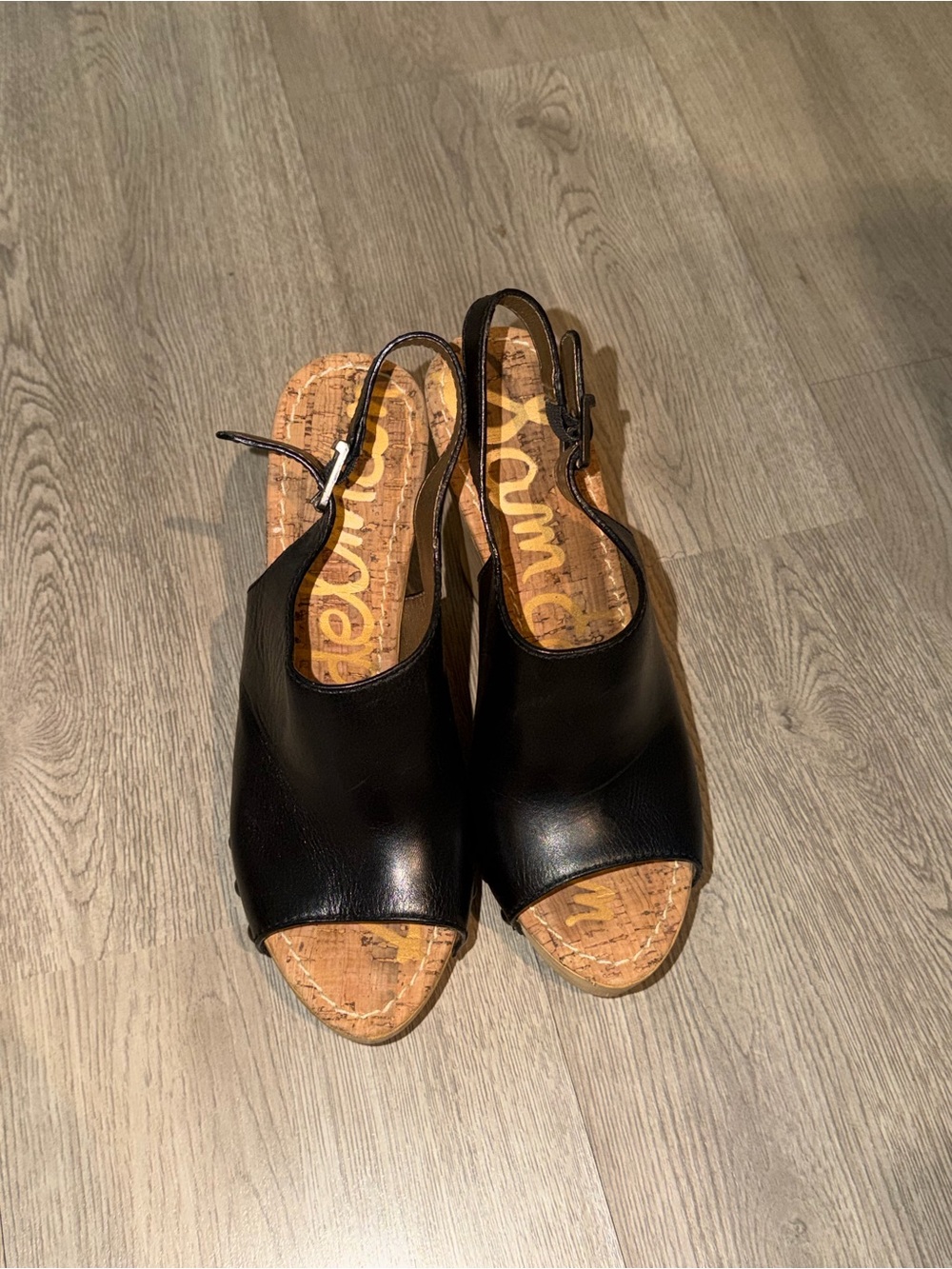Sam Edelman Black Leather Peep-Toe Slingback Wedges